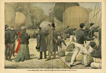 Illustration von Eugene Damblans (1865-1945) in Le Pelerin, 29/10/05 - Königin Ranavalo nimmt im Tuileriengarten an der Aero-Club-Party teil - Ballons Luftschiffe Zeppeline Aerostation, Paris, Madagaskar, Öffentlicher Garten, Ausländische Souveräne, Tuiler
