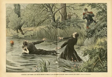 Illustration von Eugene Damblans (1865-1945) in Le Pelerin, 30/07/05 - In Riaucourt (Haute-Marne) sterben zwei Priester, die versuchen, ein ertrunkenes Kind zu retten