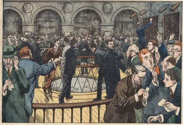 Innere Ansicht der Pariser Börse. Illustration von Damblans. In „Le Pelerin“ vom 5. Dezember