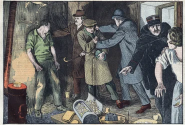 Polizeirazzia in Paris überrascht Skifahrer, die in ihrem Schmelztiegel mehrere Millionen Gold- und Silbermünzen versenken. Illustration von Damblans. In „Le Pelerin“ vom 28. Februar