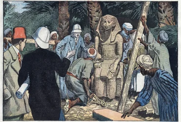 Die französische archäologische Mission entdeckt eine Statue des jugendlichen Sesostris III., die in den Louvre gebracht wird. Medamoud, altes Theben, Ägypten. Illustration von Damblans. In „Le Pèlerin“ vom 22. November