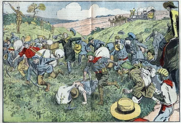 Das Diamantenrennen (Südafrika): ein Rennen, um zu entscheiden, wer die Diamantenfelder in der Nähe des Vorkommens besetzen wird. Illustration von Damblans in „Le Pelerin“ vom 3. August