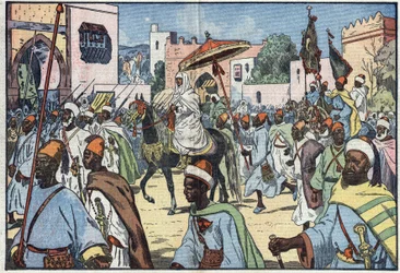 Der neue Sultan von Marokko, Moulay Mohammed, zieht in die Stadt Rabat ein. Illustration von Damblans. In „Le Pelerin“ vom 4. Dezember