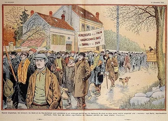 Arbeitslose Bergleute aus Nordfrankreich und der Region Pas-de-Calais marschieren nach Paris, Illustration aus 
