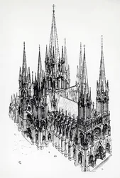 Isometrische Ansicht einer idealen Kathedrale, Zeichnung von Eugène Emmanuel Viollet-le-Duc aus dem Wörterbuch der französischen Architektur vom 11. bis 16. Jahrhundert