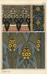 Pfeilkraut, Sagittaria sagittifolia, als Designmotiv in Stickerei, Buntglas und Stoffmustern