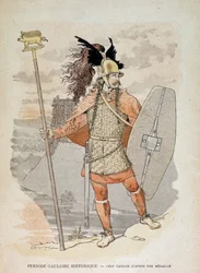 Gallischer Anführer nach einer Medaille: Er hält ein mit einem Eber verziertes Feldzeichen - in „Illustrierte Lehrhefte, Kriegstrachten der Bronzezeit und der gallischen Epoche“, herausgegeben von Grasset