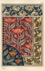 Der Mohn, Papaver somniferum, in Buntglas, Tapeten, Stoff- und Fliesenmustern. Lithographie von Marc Mangin