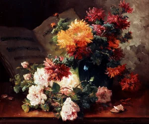 Chrysanthemen und Rosen