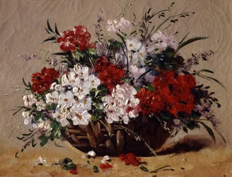 Sommerblumenkorb. Gemälde von Eugene Henri Cauchois (1850-1911) Privatsammlung.