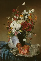 Stillleben mit Blumen und Granatäpfeln
