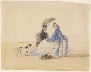 Ein Paar sitzt am Strand mit zwei Hunden, ca. 1865