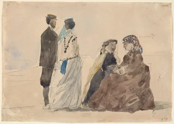 Zwei sitzende Damen und ein Paar, das am Strand spazieren geht, ca. 1866