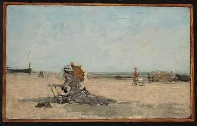 Frau mit einem Regenschirm am Strand, um 1880-85