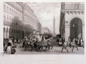 Kortege eines Botschafters auf dem Place de la Bourse bei seiner Ankunft in Paris. Stich von Eugène Louis Lami (1800-1890) 1843 Privatbesitz