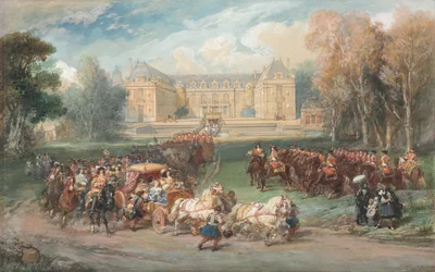 Ludwig XIV. fährt seine Kutsche im Park von Versailles, 1870