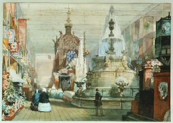 Der britische Stand auf der Großen Ausstellung im Kristallpalast, mit dem Minton-Stand rechts, 1851