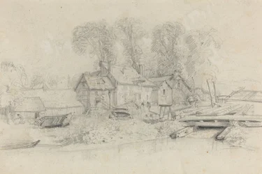Flusslandschaft mit Gebäuden, Booten und Figuren