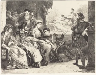 Spieler, die die Vergiftung von Hamlets Vater darstellen (Akt III, Szene II)