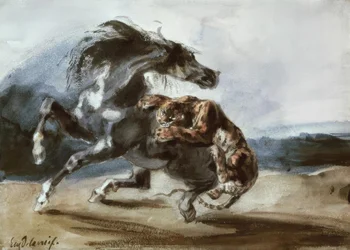 Tiger greift ein Wildpferd an