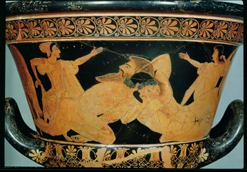 Attischer rotfiguriger Kelchkrater mit der Darstellung des mit Antäus ringenden Herakles, aus Cerveteri, um 510 v. Chr.