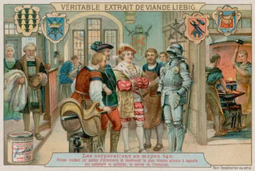 Ein Prinz besucht die Werkstatt eines Rüstungsmachers, um die Arbeit eines Kürschners, eines Sattlers und eines Rüstungsmachers zu inspizieren