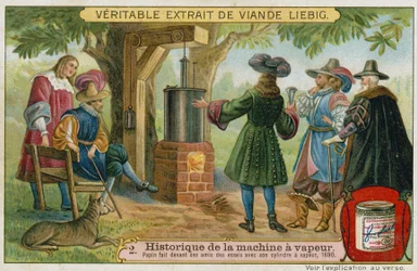 Denis Papin führt Versuche mit seiner Kolbendampfmaschine vor seinen Freunden durch, Marburg, Deutschland, 1690