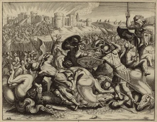 Josua und die Israeliten erobern und verbrennen die Stadt Ai (Gravur)