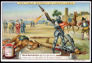 Liebig-Chromolithographie: Serie "Don Quixote", Nr. 6: Don Quixote wird vom Ritter des silbernen Mondes besiegt.