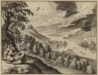 Noah beobachtet den Regenbogen, Gottes Zeichen, dass die Flut nicht wiederkommen würde (Gravur)
