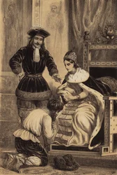 Peter der Große von Russland befiehlt Karol Skowronski, den Saum des Rocks seiner Schwester, Kaiserin Katharina I., zu küssen