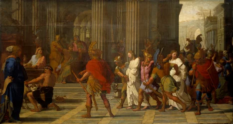 Die Heiligen Gervasius und Protasius werden vor Astasius gebracht und weigern sich, Jupiter zu opfern