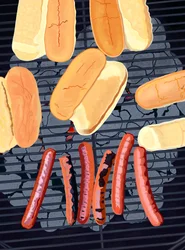 6 Hot Dogs auf dem Grill, Südseite der Straße