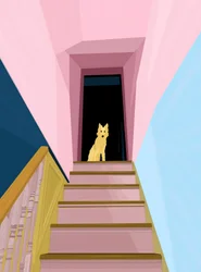 Hund oben auf der Treppe