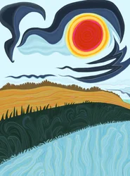 Feld, Gras und Himmel an der Seeküste