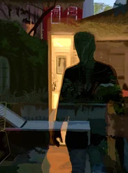 Mann im Fenster bei Morgendämmerung gespiegelt, Brooklyn