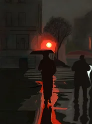 Mann geht im Regen bei Nacht