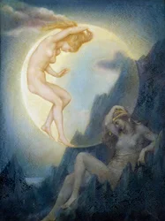 Symbolismus: "Die schlafende Erde und der erwachende Mond" Gemälde von Evelyn De Morgan (1855-1919)