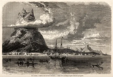 Reede und Spitze der Insel Borabora, Zeichnung von Evremond Auguste de Berard (1824-1881), zur Illustration der Reise eines Naturforschers im Galapagos-Archipel und den Koralleninseln, 1858 von Charles Darwin (1809-1882). Gravur in „Le tour du monde“