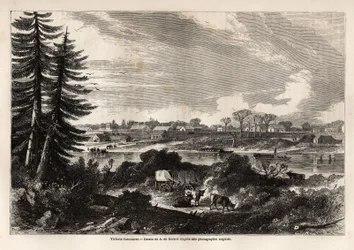 Ansicht von Victoria-Vancouver, Hauptstadt von British Columbia, Zeichnung von Auguste de Berard, zur Illustration der Erkundung der Rocky Mountains 1857-59 durch Captain John Palliser. Gravur in "Le tour du monde, nouveau journal des voyages" Paris