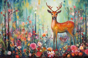 Ein Hirsch in der Natur und Blumen, leuchtende Farben, gerahmte Wandkunst