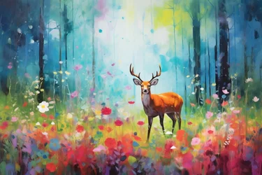 Ein Hirsch in der Natur und Waldbäume, leuchtende Farben, Leinwanddrucke