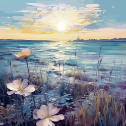 Abstrakte lila Blumen im blauen See