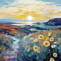 Abstrakte lila Blumen in Sonnenaufgangslandschaft