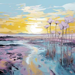 Abstrakte lila Blumen in Sonnenuntergangslandschaft