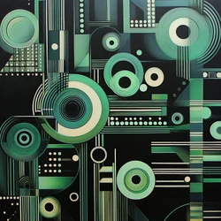 Komplexes geometrisches Gemälde auf dunklem schwarzen Hintergrund, Kunstdrucke