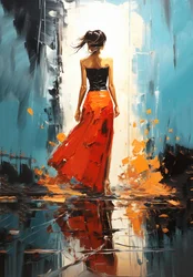 Modefrau in einer abstrakten Landschaft in leuchtenden Farben