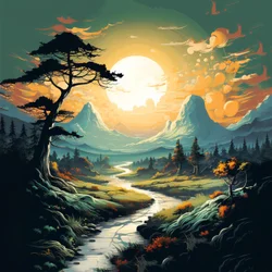 Berg- und Flusslandschaft Sonnenaufgang, Leinwand- & Wandkunstdrucke online