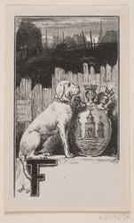 Initialvignette."F" mit einem Hund und dem Wappen von Kopenhagen