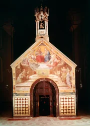 Außenansicht der Porziuncola-Kapelle mit einem Fresko, das zeigt, wie St. Franziskus den Ablass von Assisi erhält (von Friedrich Overbeck), 1829; Innenansicht von Santa Maria degli Angeli (rekonstruiert von Luigi)